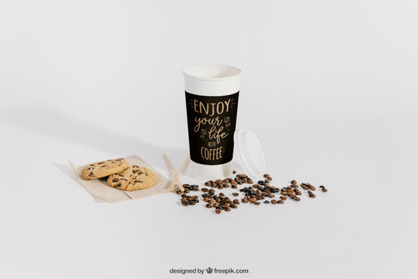 Free Coffee Mockup With Cup And Beans Psd