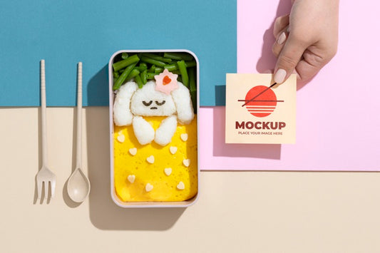 Free Composition Of Bento Box With Mock-Up Card Psd