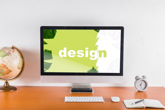 Free Computer Mockup On Desk With Elements Psd