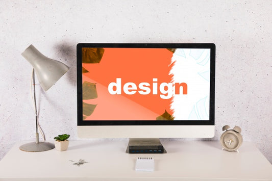 Free Computer Mockup On Desk With Elements Psd