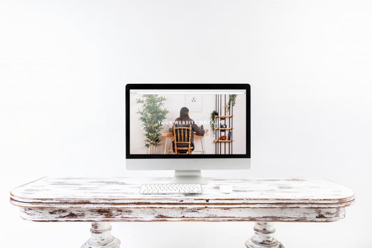 Free Computer Mockup On Wooden Desk Psd