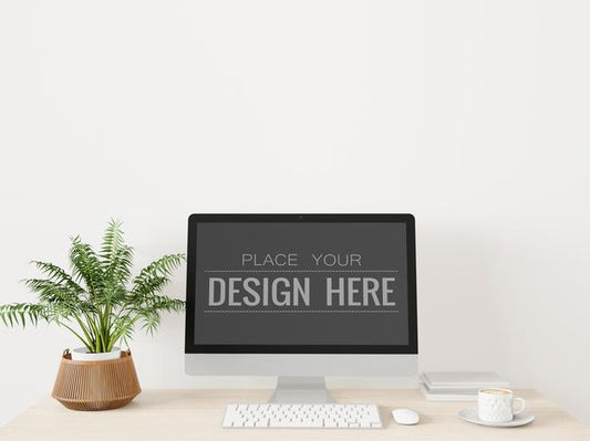 Free Computer On Table In Work Space Mockup Psd