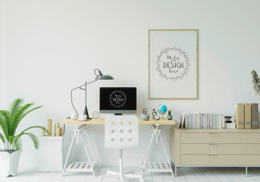 Free Computer On Table In Work Space Mockup Psd