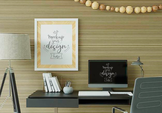 Free Computer On Table In Work Space Mockup Psd