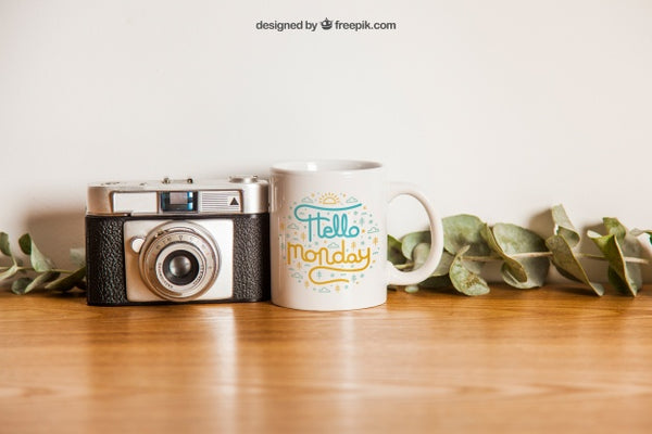 Free Cup Mockup And Camera Psd