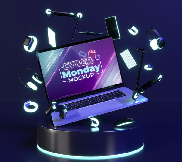 Free Cyber Monday Sale Arrangement With Laptop Mock-Up Psd