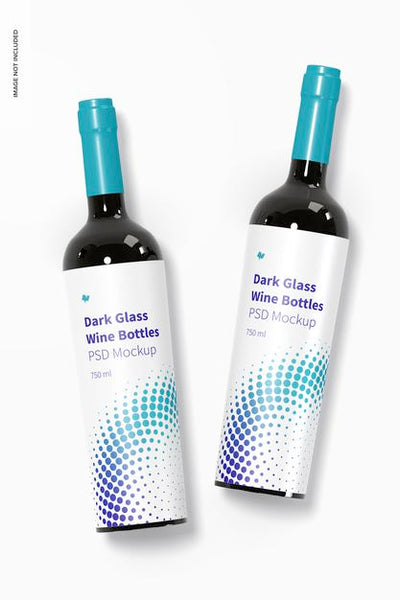 Free Dark Glass Wine Bottles Mockup, Top View Psd