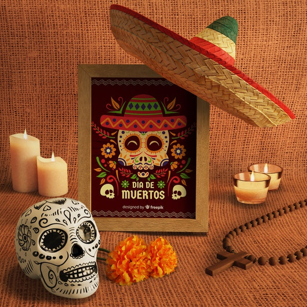 Free Day Of The Dead Traditional Mexican Sombrero And Floral Skull Mock-Ups Psd