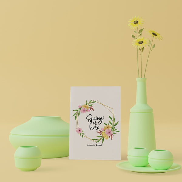 Free Decorative Vases In 3D Concept With Spring Card On Table Psd