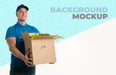 Free Delivery Man Holding A Box Full Of Vegetables Psd