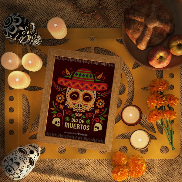Free Dia De Muertos Red Mock-Up Surrounded By Decorative Elements Psd