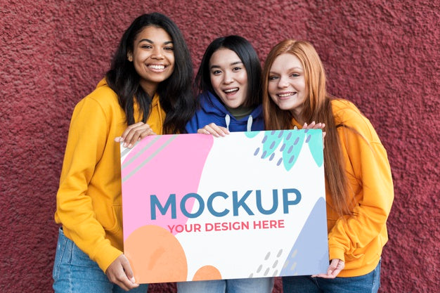 Free Different Beautiful Women Holding A Card Mock-Up Psd
