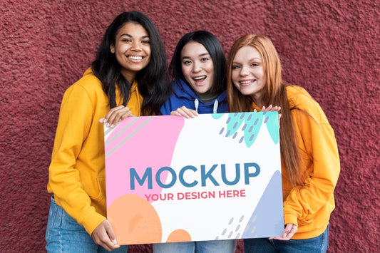 Free Different Beautiful Women Holding A Card Mock-Up Psd