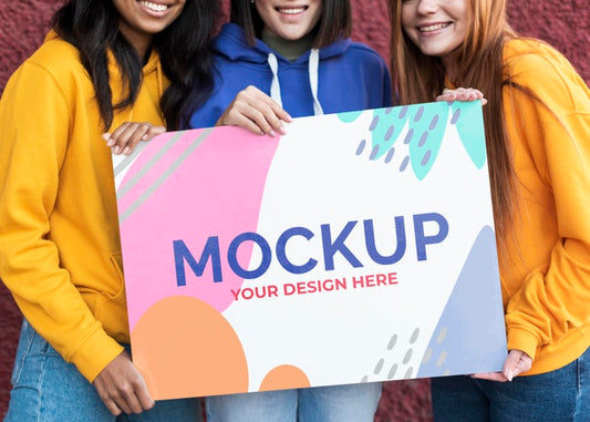 Free Different Beautiful Women Holding A Card Mock-Up Psd
