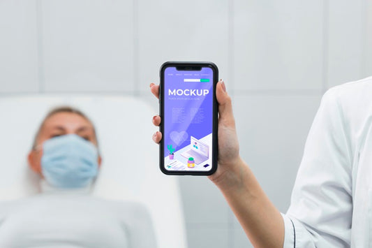 Free Doctor With Face Mask Holding Phone Mock-Up Near Patient Psd