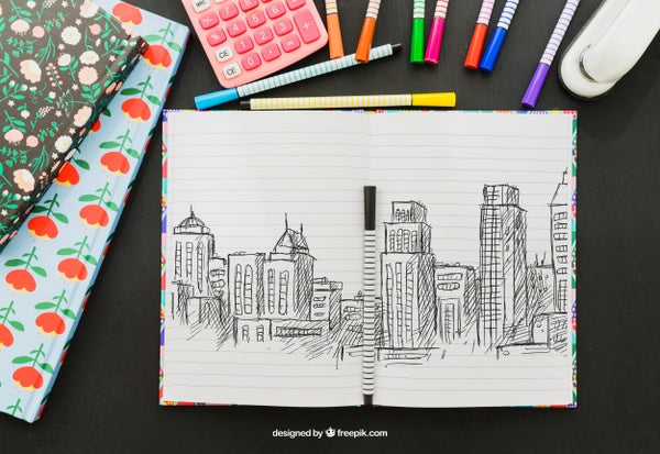 Free Drawing Of Buildings, Markers, Stapler And Calculator Psd