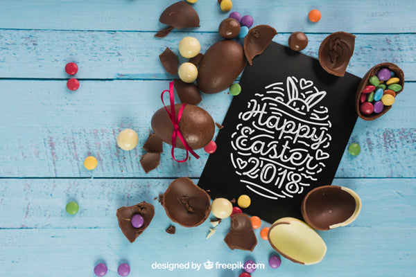 Free Easter Mockup With Chocolate Eggs And Black Envelope Psd