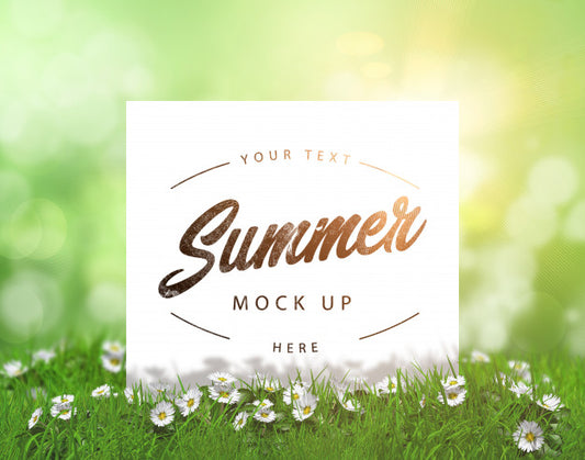 Free Editable Summer Mock Up With Blank Card Nestled In Grass With Daisies Psd