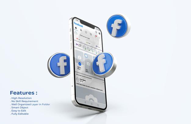 Free Facebook On Mobile Phone Mockup With 3D Icons Psd
