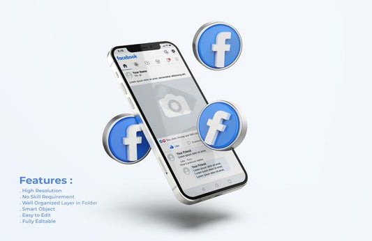 Free Facebook On Mobile Phone Mockup With 3D Icons Psd
