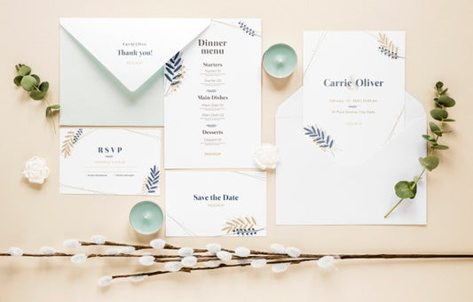 Free Fat Lay Of Wedding Cards With Plants And Candles Psd