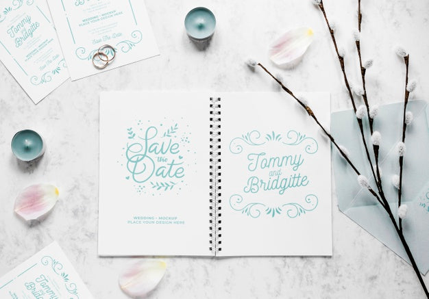 Free Fat Lay Of Wedding Notebook With Flowers And Candles Psd