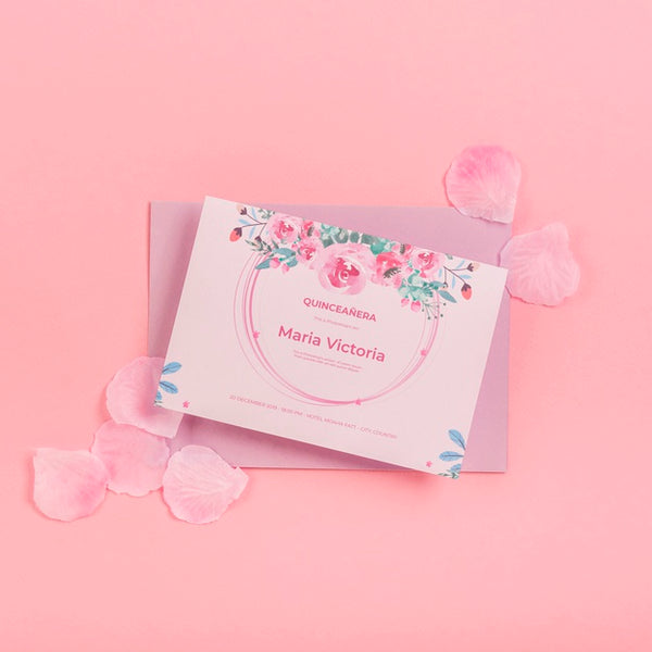 Free Fifteen Birthday Invitation And Petals Flat Lay Psd