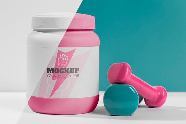Free Fitness Mock-Up Weights And Thunderbolt Sign On Protein Bottle Psd
