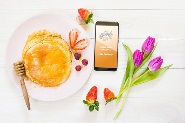 Free Flat Lay Breakfast With Pancakes Next To Smartphone Psd