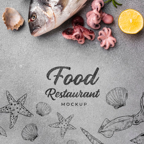 Free Flat Lay Delicious Sea Food Arrangement With Mock-Up Psd