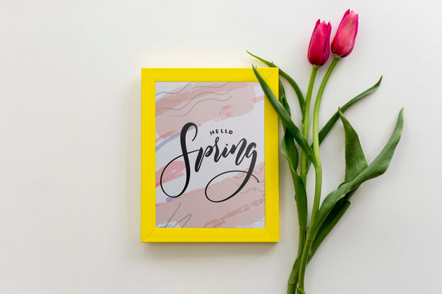 Free Flat Lay Frame Mockup With Spring Flowers Psd