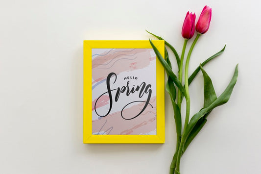 Free Flat Lay Frame Mockup With Spring Flowers Psd