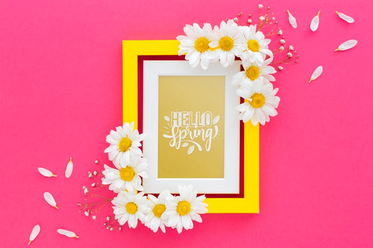 Free Flat Lay Frame Mockup With Spring Flowers Psd