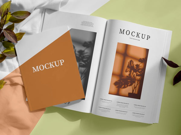 Free Flat Lay Magazine And Leaves Mockup Psd