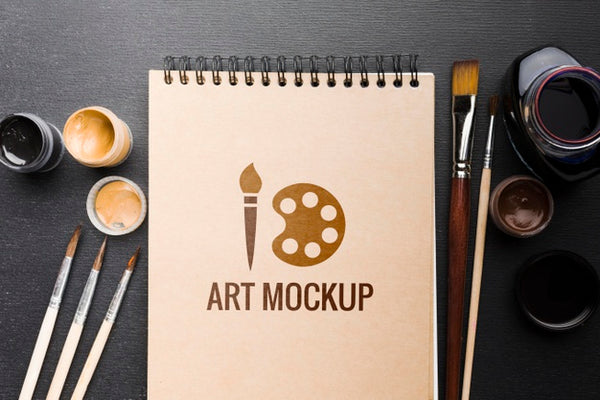 Free Flat Lay Notebook And Brushes Mock-Up Psd