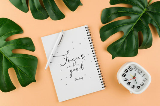 Free Flat Lay Notebook And Monstera Plant Psd