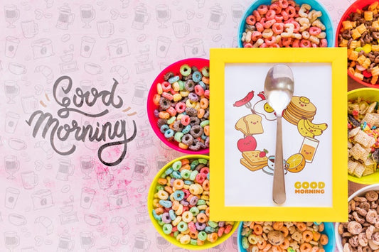 Free Flat Lay Of Arrangement Of Cereals Bowls And Frame Psd