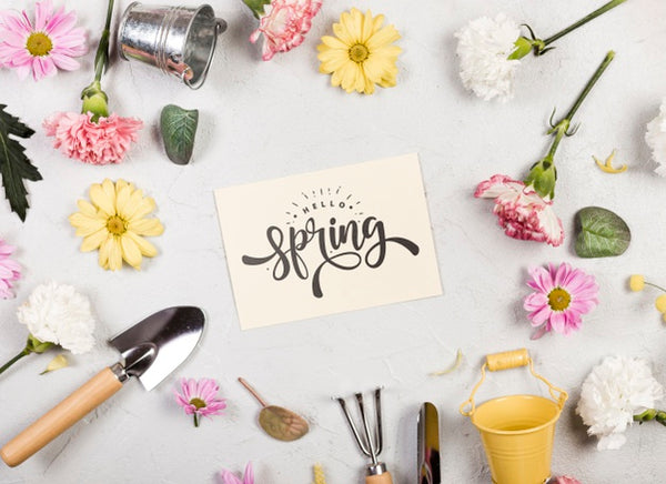 Free Flat Lay Of Assortment Of Spring Flowers And Gardening Tools Psd