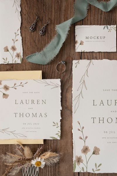 Free Flat Lay Of Paper Mock-Up Rustic Wedding Invitation With Leaves And Flowers Psd