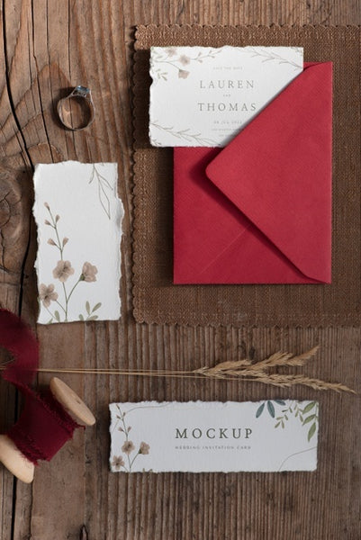 Free Flat Lay Of Paper Mock-Up Rustic Wedding Invitation With Leaves And Flowers Psd