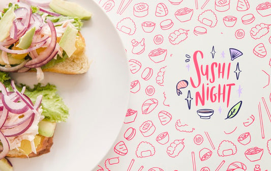 Free Flat Lay Of Plate Of Food With Pink Background Psd