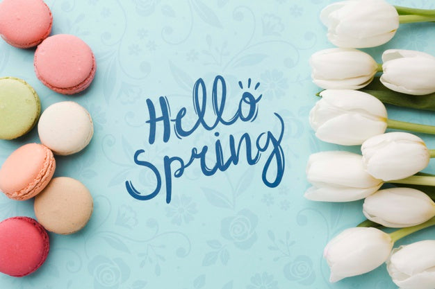 Free Flat Lay Of Tulips And Macarons Frame Psd