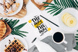 Free Flat Lay Paper Mockup On Workspace With Breakfast Psd