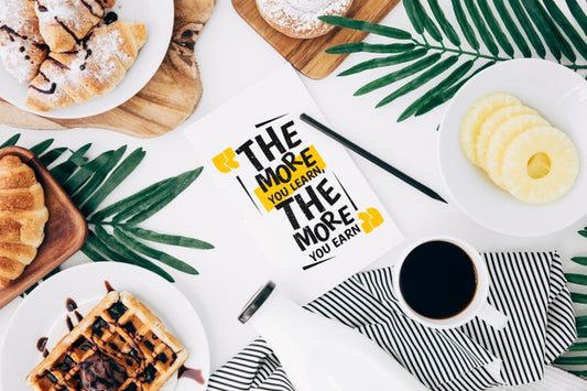 Free Flat Lay Paper Mockup On Workspace With Breakfast Psd