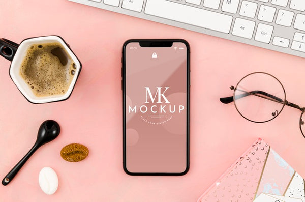 Free Flat Lay Smartphone Mock-Up With Coffee And Glasses Psd