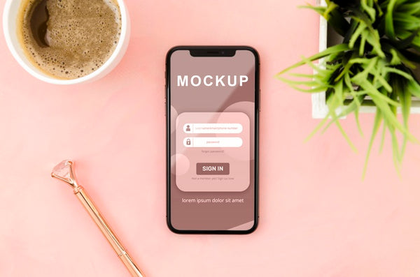 Free Flat Lay Smartphone Mock-Up With Coffee And Plant Psd