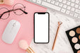 Free Flat Lay Smartphone Mock-Up With Make-Up Accessories On Desk Psd