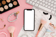 Free Flat Lay Smartphone Mock-Up With Make-Up Brushes On Desk Psd