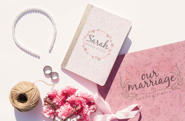 Free Flat Lay Wedding Ideas With Wedding Planner And Pearls Psd