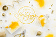 Free Flat Lay Yellow New Year Party Accessories And Happy New Year Lettering Psd